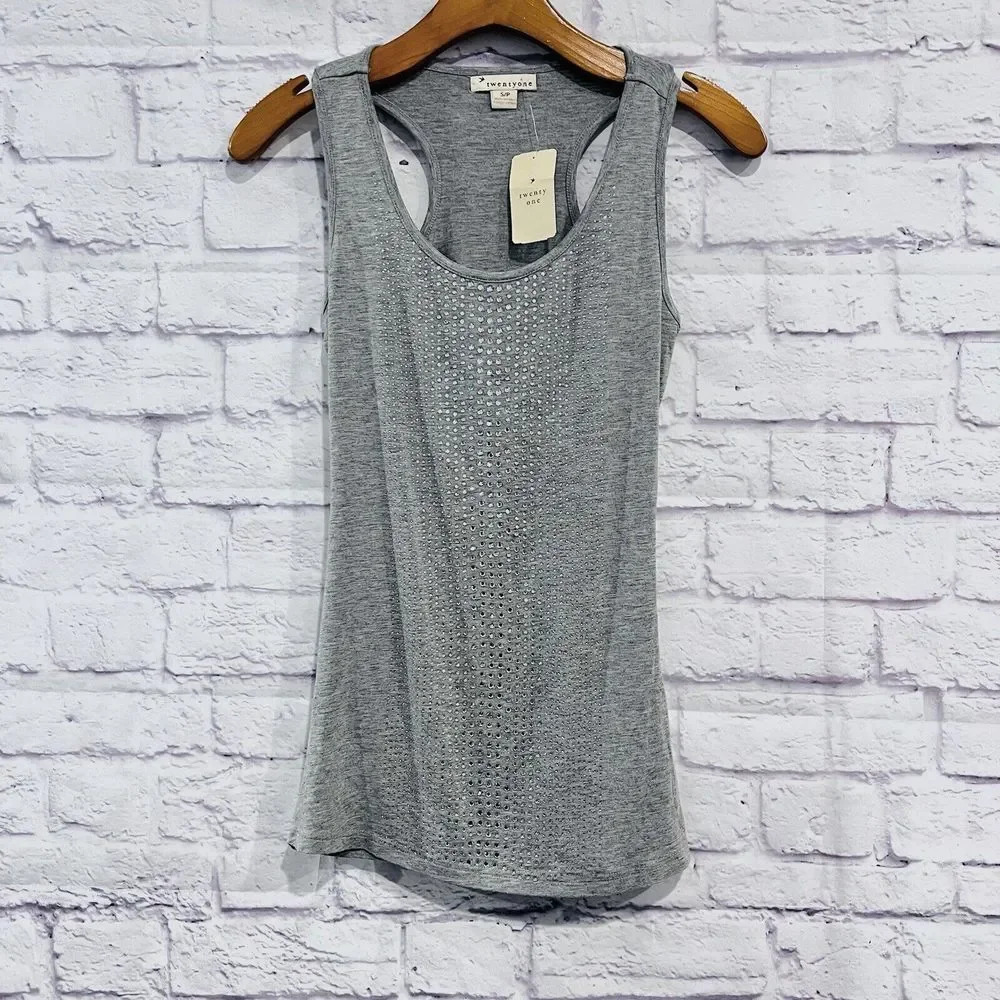 Twenty One Small Tank‎ Top Gray Rhinestones Bejeweled NWT